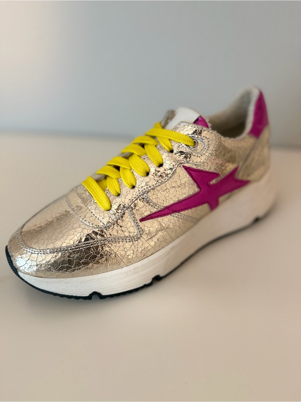 Metallic Gold Women's Sneaker with Pink Accent and Yellow Laces